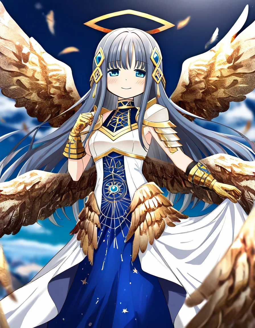 masterpiece, best quality, newest, absurdres, highres, safe, 1girl, nanami yachiyo \(historia ver.\), magia record: mahou shoujo madoka magica gaiden, rhombus halo, multiple wings, white dress, gold gloves, smile, solo, outdoors, dutch angle, <lora:nanami_yachiyo_noobaiXLNAIXL_vPred10Version:0.7>