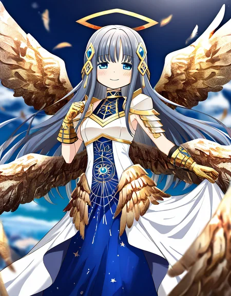 masterpiece, best quality, newest, absurdres, highres, safe, 1girl, nanami yachiyo \(historia ver.\), magia record: mahou shoujo madoka magica gaiden, rhombus halo, multiple wings, white dress, gold gloves, smile, solo, outdoors, dutch angle, <lora:nanami_yachiyo_noobaiXLNAIXL_vPred10Version:0.7>