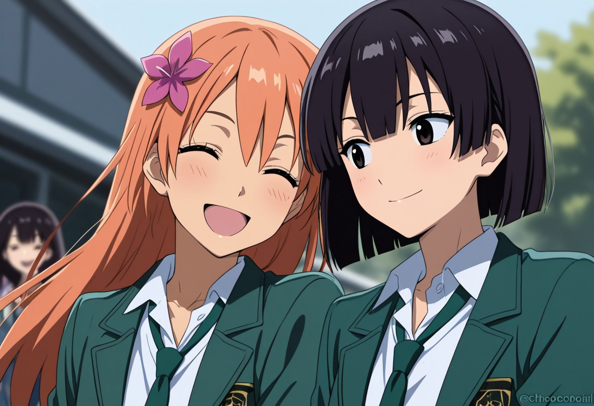 masterpiece, very aesthetic,8k, masterpiece, best quality, 2girls, upper body,yukahana, hairflower, long hair, orange hair , hair ornament,BREAK, chiakitani, happy , short hair, black hair, wearing, BezzSchooloutfit ,green jacket necktie,
Impressionism 1.5, high detail, depth of field, blurred background, dramatic lighting