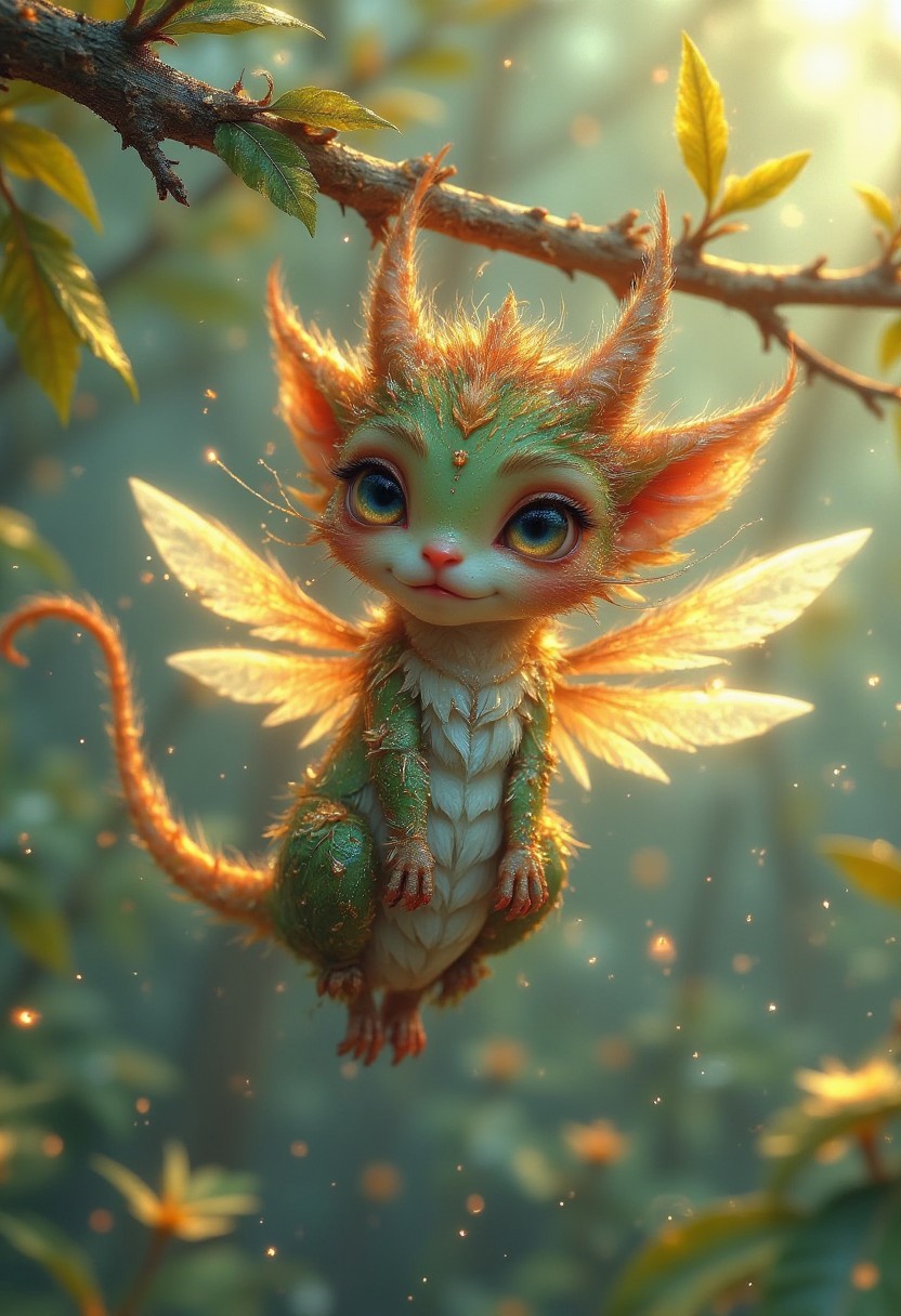 Adorable strange little creature,hanging from a branch,delicate wings fluttering in the wind,tail,8k,octane rendering