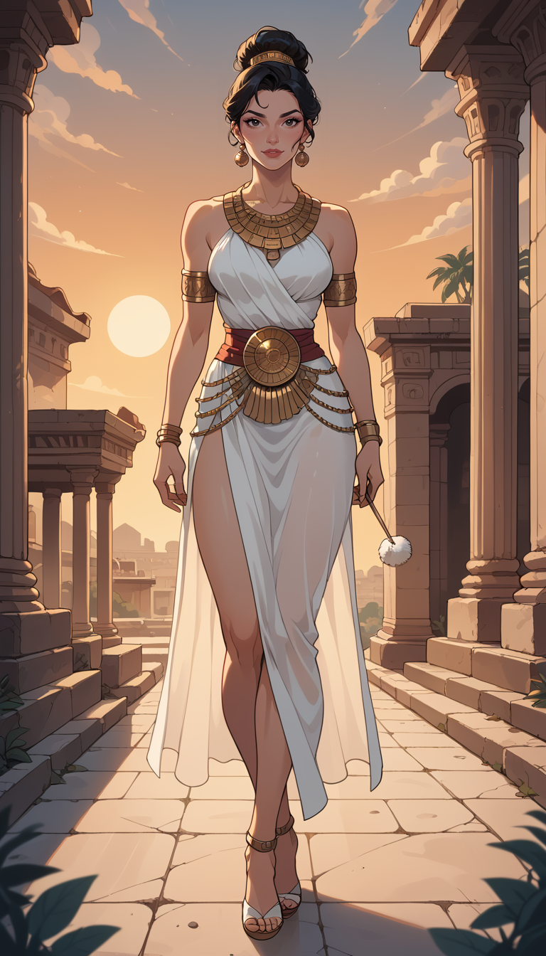 score_9, score_8_up, score_7_up, Western Comics, Full Body Shot, girl, cute, seductive, innocent, light smile:0.3, plump lips, slender body, wearing stone age clothing made from natural fabrics like linen, cotton, furs, adorned with feathers, beads and shells, sunset, ancient greek background, depth of field, dynamic angle, fashion photography, sharp, hyperdetailed:1.15