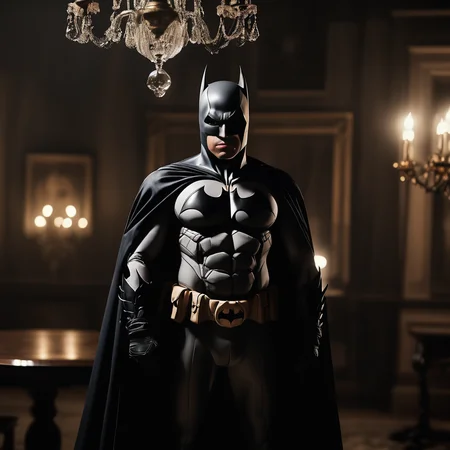 A moody shot of Batman in a vintage tailored suit, positioned under a chandelier with his cape flowing like liquid shadows. Shot in 8k UHD with a soft gothic ambiance