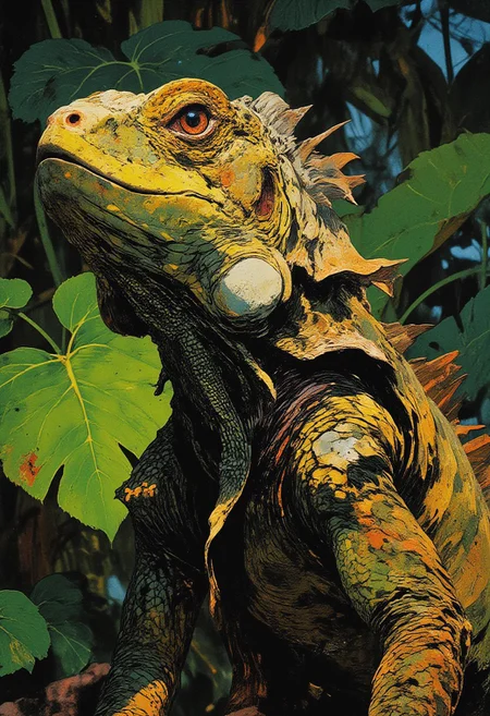 This is a close-up photograph of a green iguana, showcasing its intricate and textured skin. The iguana's head and upper body dominate the frame, with its eyes partially closed, giving a serene and contemplative expression. The iguana's skin is a mosaic of colors, featuring shades of green, brown, and hints of yellow, with a pattern of scales and ridges that create a rough, almost leathery texture. Prominent spikes line the iguana's back, adding a spiny texture to the image. The background is blurred, highlighting the iguana in sharp focus, and features large, lush green leaves, likely from a tropical plant, which provide a vivid contrast to the iguana's skin tones. The lighting is soft and natural, enhancing the natural colors of the iguana and the greenery. The photograph captures the iguana's detailed anatomy, including the ridges along its back, the intricate patterns on its head, and the textured skin on its limbs. The overall composition and focus of the image emphasize the iguana's natural beauty and the intricate details of its skin.