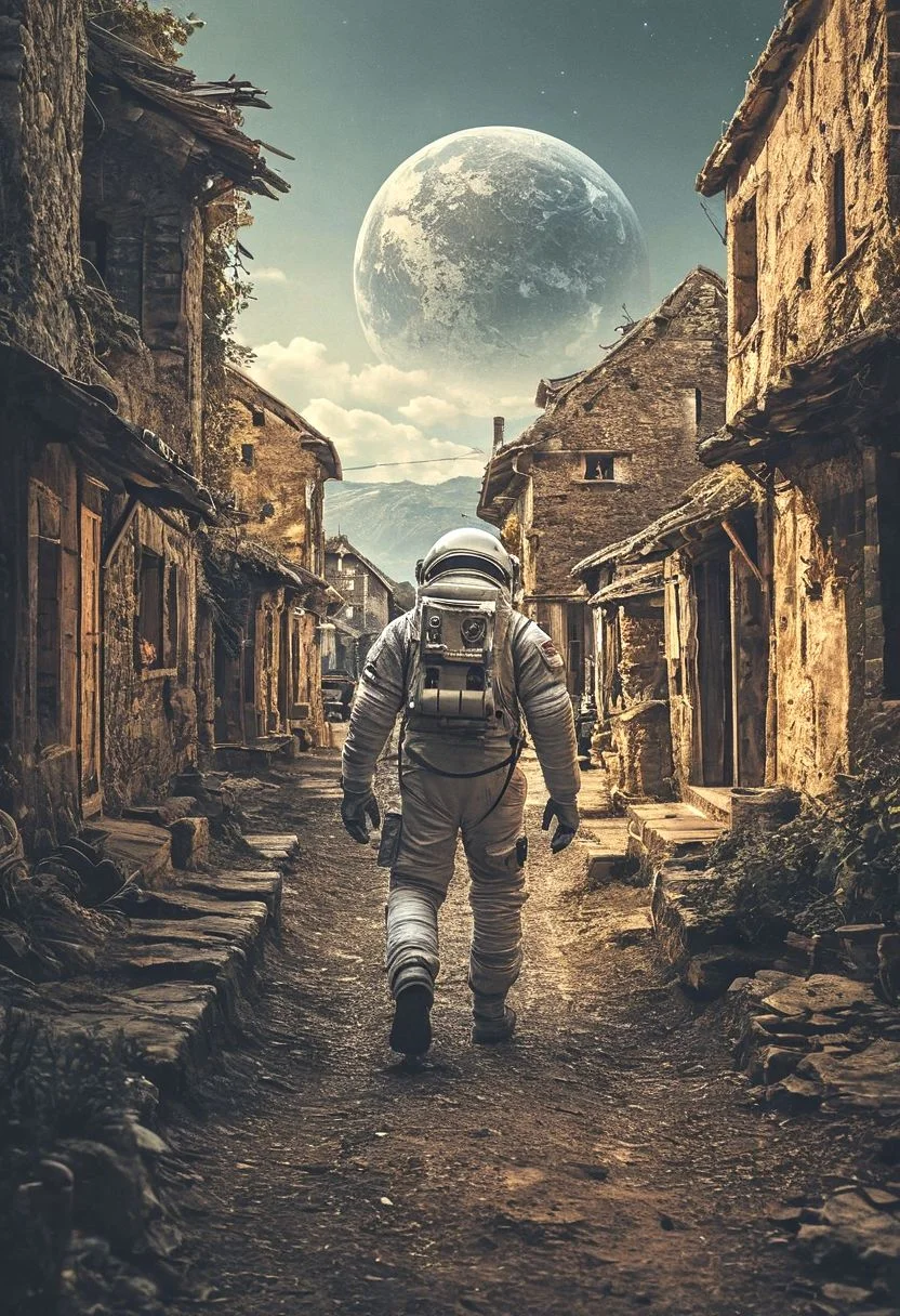 photo of astronaut walking in a old village in the background