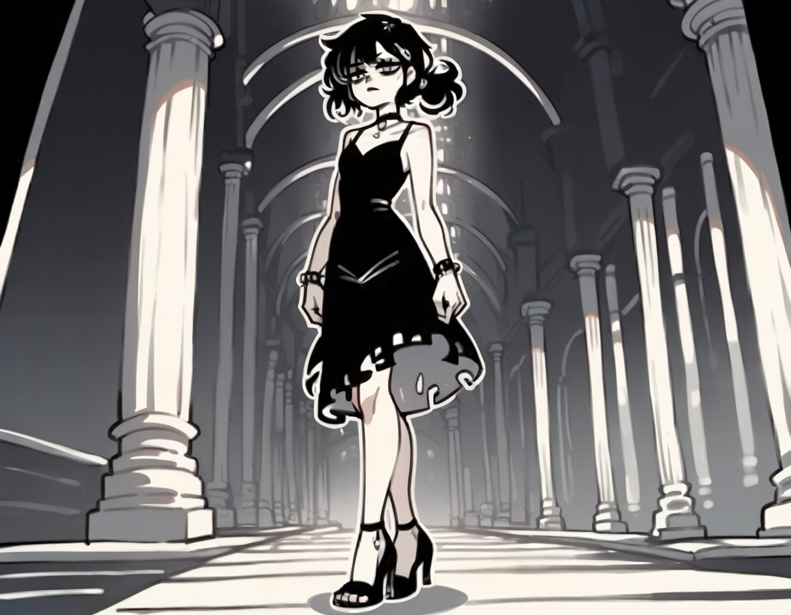 (score_9,score_8_up,score_7_up:1), 1girl, full body, voyeur view, horror, darkness, internal glow, radiant skeleton, amused, (goth, (black lipstick, black mascara, black eyeshadow)), (flat tummy, close shoulders), skeletal hair, intricate layered hairstyle, choker, eyeshadow)), (pearly white rough skin), big ass, tight butt, (swimming), vibrant lava, (<lora:goth_clothes:1>, goth dress, gothic jewelry, black dress, detailed dress, black high heeled shoes), <lora:The_Coffin_of_Andy_and_Leyley_Game_Artstyle_PonyXL:1>