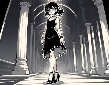 (score_9,score_8_up,score_7_up:1), 1girl, full body, voyeur view, horror, darkness, internal glow, radiant skeleton, amused, (goth, (black lipstick, black mascara, black eyeshadow)), (flat tummy, close shoulders), skeletal hair, intricate layered hairstyle, choker, eyeshadow)), (pearly white rough skin), big ass, tight butt, (swimming), vibrant lava, (<lora:goth_clothes:1>, goth dress, gothic jewelry, black dress, detailed dress, black high heeled shoes), <lora:The_Coffin_of_Andy_and_Leyley_Game_Artstyle_PonyXL:1>