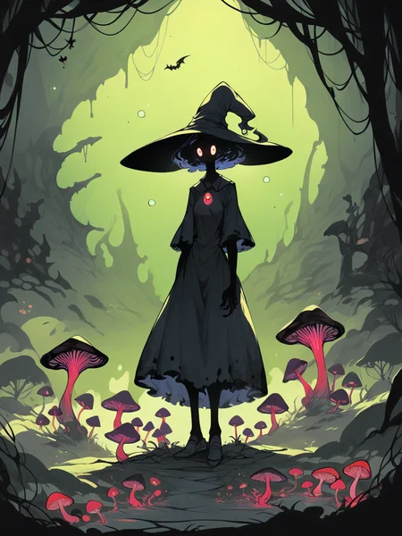 score_9, score_8_up, score_7_up, score_6_up, score_5_up, <lora:DemizuPosukaXLP:0.7> demizuposuka, 1girl, curvy, dress, cute, solo, witch, bioluminescence, mushrooms, fog, cave, creepy, <lora:f3nn3rXLP:0.7> f3nn3r