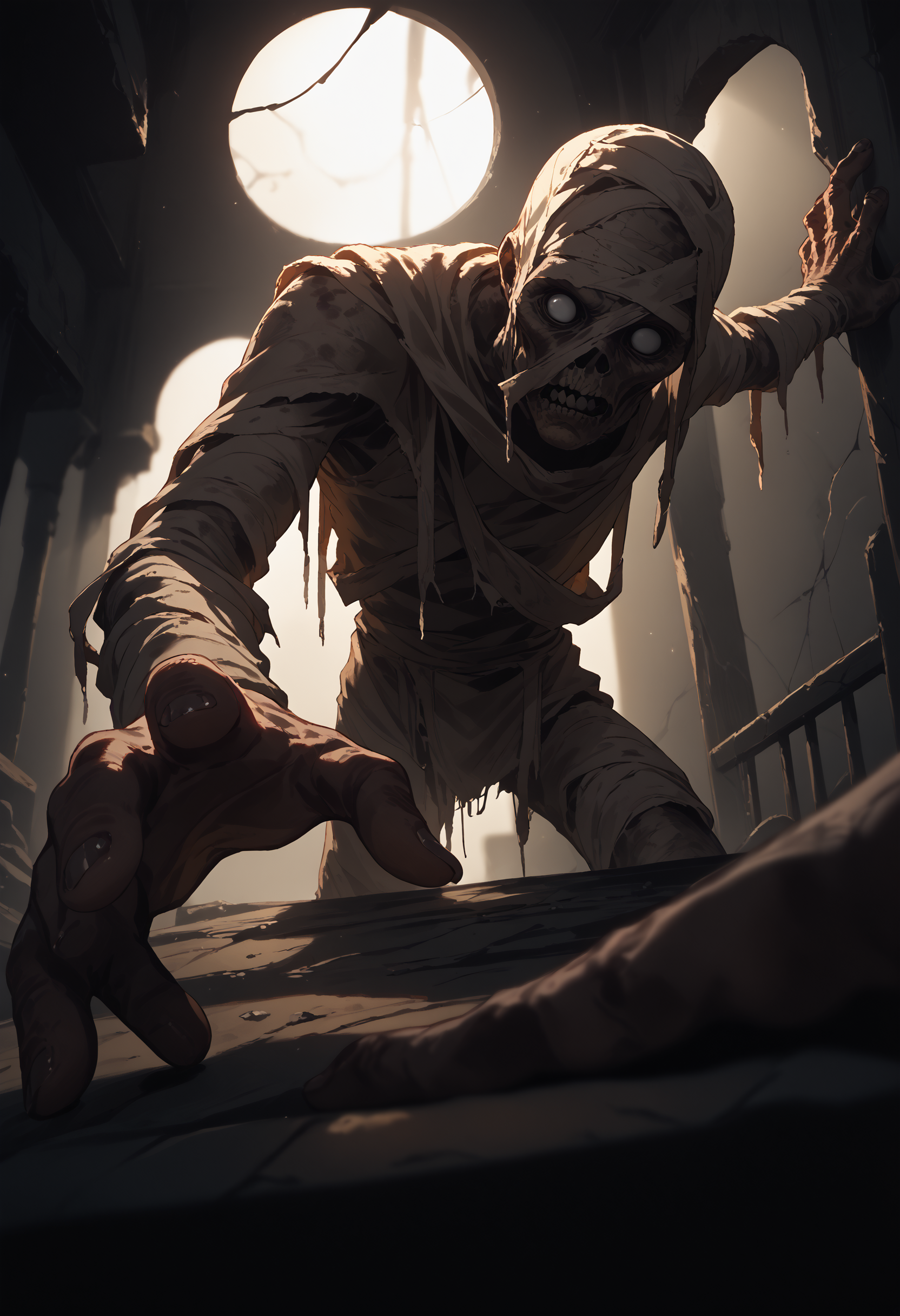 score_9, score_8_up, score_7_up, score_6_up, 1boy, monster, dim lighting, solo,
crawling, reaching, foreshortening, perspective, empty eyes, 
<lora:mummy_v1.0-pony:1>
<lora:dark_v1.9-pony:1>