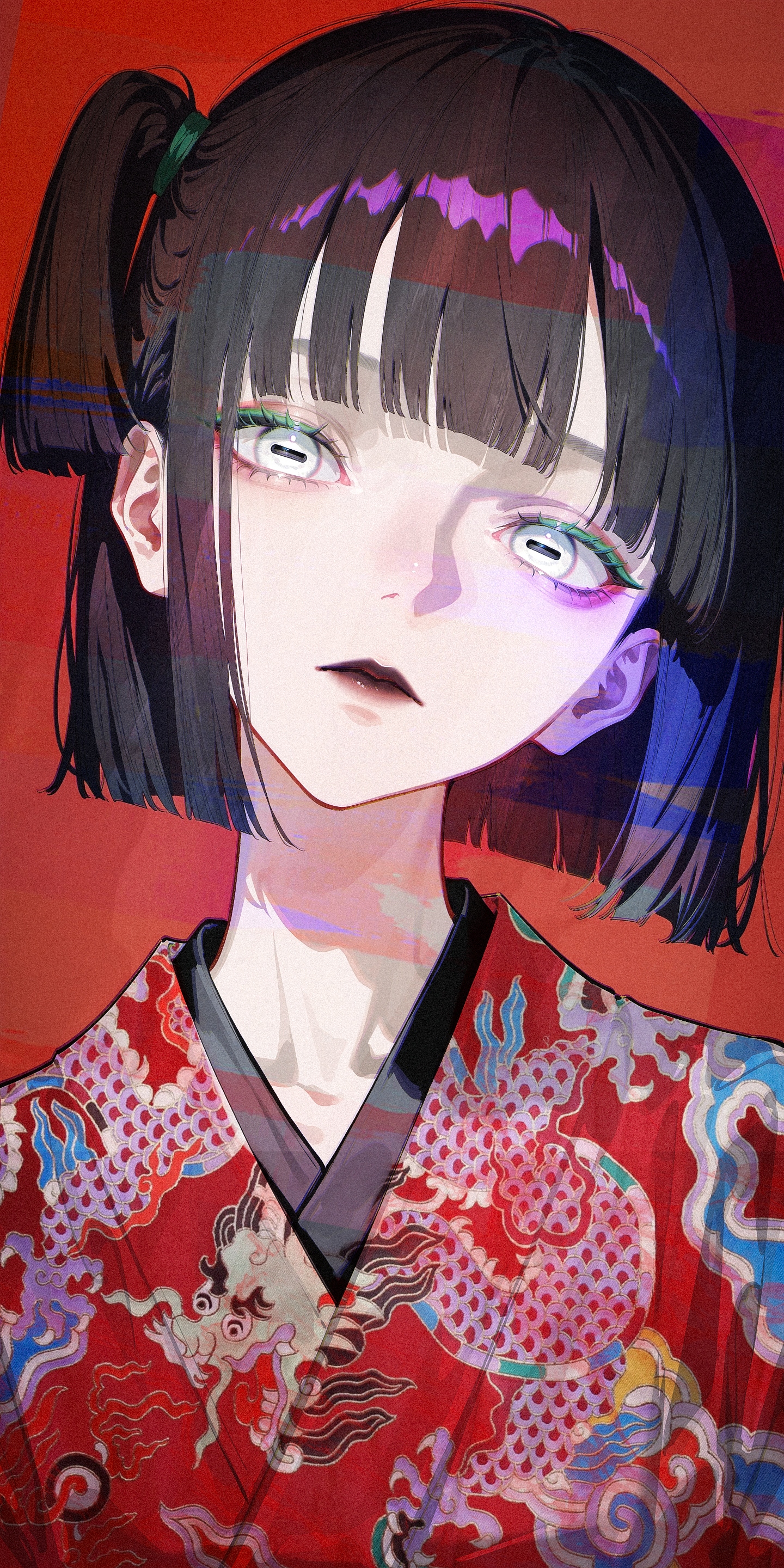 (by rolua, by roitz \( roitz \):1.2), (by mika pikazo:1.1),  (by kagoya1219:1.1), by ask \(askzy\), 
portrait, upper body,
aged up, 1girl, solo,  (horizontal pupils:1.2), green eyelashes, white eyes, black lips, black hair,(short hair:1.2), blunt ends, blunt bangs, (side ponytail:1.1), bob cut, eyebrows hidden by hair, 
white kimono, japanese clothes, oriental clothes, 
staring at viewer, looking at viewer, half-closed eyes, (head tilt:1.3), lips, nose, expressionless, 
newest, very awa, masterpiece, highres, detailed, hyper-detailed, year 2024, year 2023, 
simple background, red background, 
flat color, no lineart, <lora:add_outline_XL:-0.75>