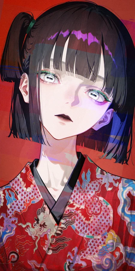 (by rolua, by roitz \( roitz \):1.2), (by mika pikazo:1.1), (by kagoya1219:1.1), by ask \(askzy\),
portrait, upper body,
aged up, 1girl, solo, (horizontal pupils:1.2), green eyelashes, white eyes, black lips, black hair,(short hair:1.2), blunt ends, blunt bangs, (side ponytail:1.1), bob cut, eyebrows hidden by hair,
white kimono, japanese clothes, oriental clothes,
staring at viewer, looking at viewer, half-closed eyes, (head tilt:1.3), lips, nose, expressionless,
newest, very awa, masterpiece, highres, detailed, hyper-detailed, year 2024, year 2023,
simple background, red background,
flat color, no lineart, <lora:add_outline_XL:-0.75>