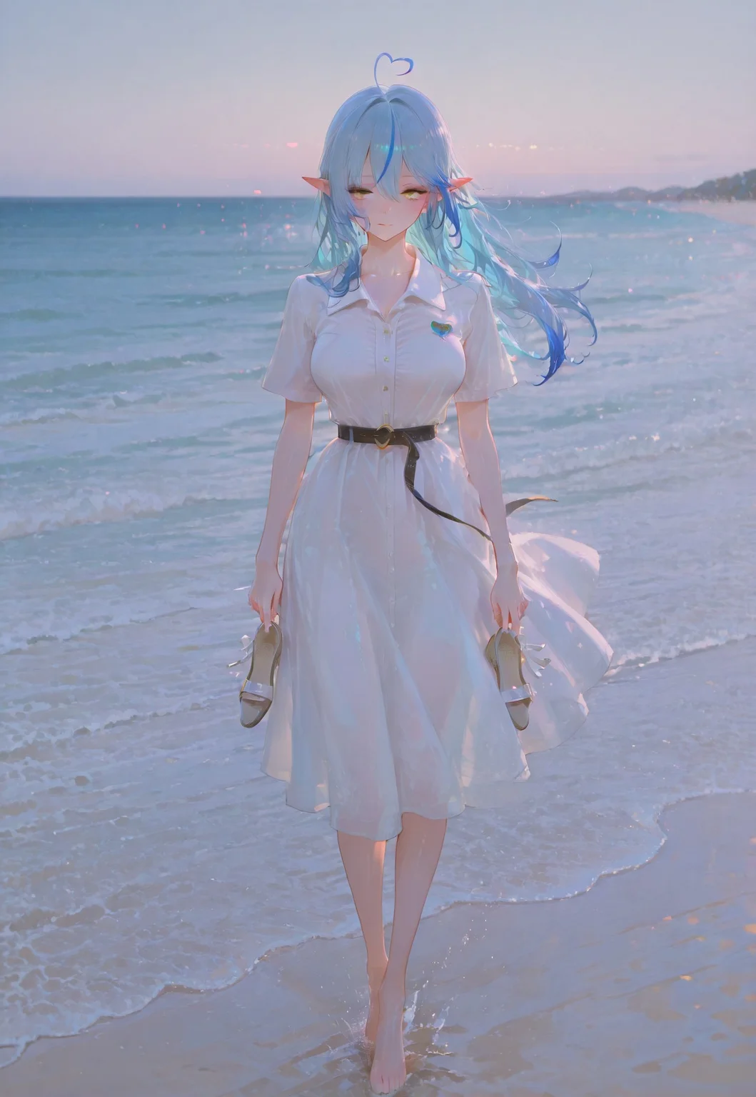 masterpiece, best quality, ultra-HD, luminous lighting, cinematic ambiance, shimmering gradients, ethereal glow, deep contrast, rich color tones, seductive atmosphere, captivating sensuality, Cinematic Lighting, raytracing, volumetric lighting, absurdres, amazing quality, ultra-detailed,8K,illustration,CG,
BREAK
shiny hair, clear skin, ultra-detailed-eyes, simple background, cute girl, eyelashes, slender, large breasts, mature female, uncensored, slim body, usnr, 748cmstyle,
BREAK
Yukihana Lamy, elf, pointy ears, blue hair, streaked hair, heart ahoge, yellow eyes,
BREAK
collared dress, white dress, belt, short sleeves, beach, wind, foot, full body, holding sandal,
