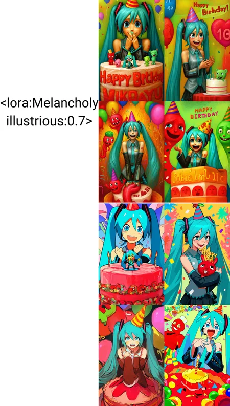 good quality, best quality, highres, masterpiece, painterly, comedy, parody, happy tree friends,
flaky \(happy tree friends\),hatsune miku, vocaloid, 1girl, aqua eyes, blue eyes, very long hair, aqua hair, long hair, twintails, detached sleeves, birthday, cake, party hat, serpentine, candyland, happy, smile, laughing, tears of laughter,
<lora:Melancholy illustrious:0.7>