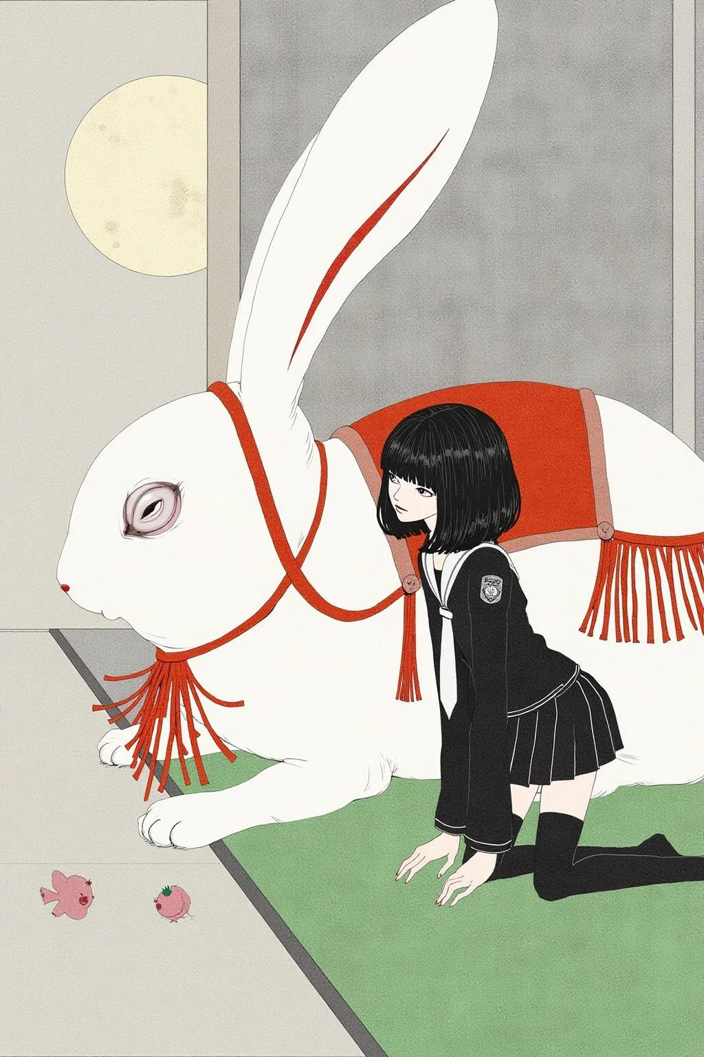 kchiba1 illustration. 
A young woman with short, straight black hair kneeling on a green surface in front of a large white rabbit, in a modern minimalist room with a large glowing full moon visible through a window on the left. She is wearing a school uniform featuring a short miniskirt.
 <lora:kchiba1_cap_d6a3:1.0><lora:837651062614674791:0>