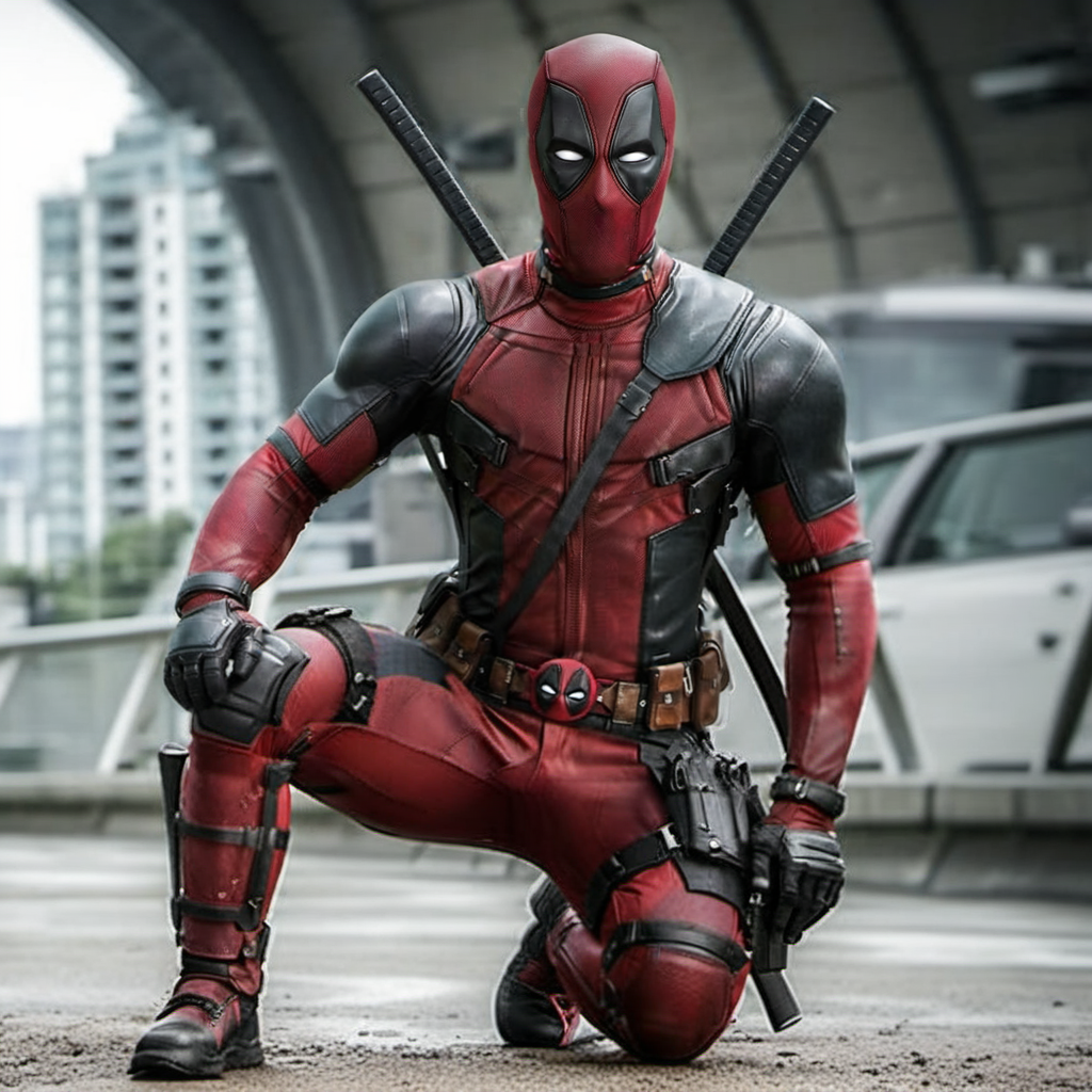 Deadpool1024, an man in a superhero suit, full body, highly detailed , ultra sharp, photograph, film, bokeh, professional, 4k, highly detailed   <lora:add-detail-xl:1.5> <lora:Deadpool1024-000280:0.8>