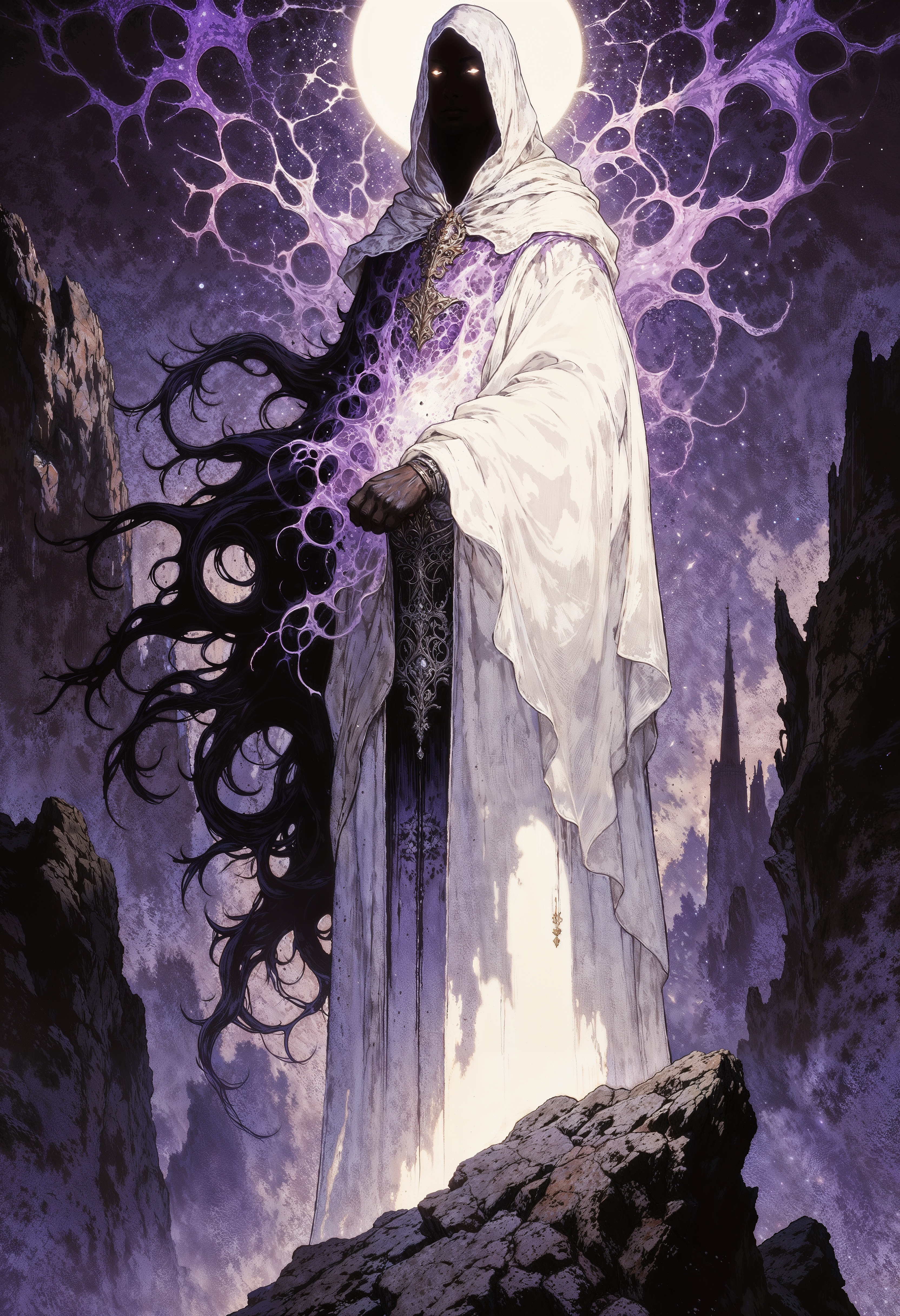 a mystical figure in a dramatic and ethereal setting. The central subject is a cloaked figure with a flowing white robe, adorned with swirling purple and black tendrils that extend outward, creating a sense of movement and energy. The figure's face is obscured, adding an air of mystery. Above the figure's head is a glowing halo-like circle, emitting a soft, radiant light. The background is a dark, abstract landscape with jagged rocks and a misty atmosphere, enhanced by a palette of deep purples and blacks. The overall composition is dynamic, with a strong contrast between the bright central figure and the darker surroundings, evoking a sense of otherworldly power and presence.