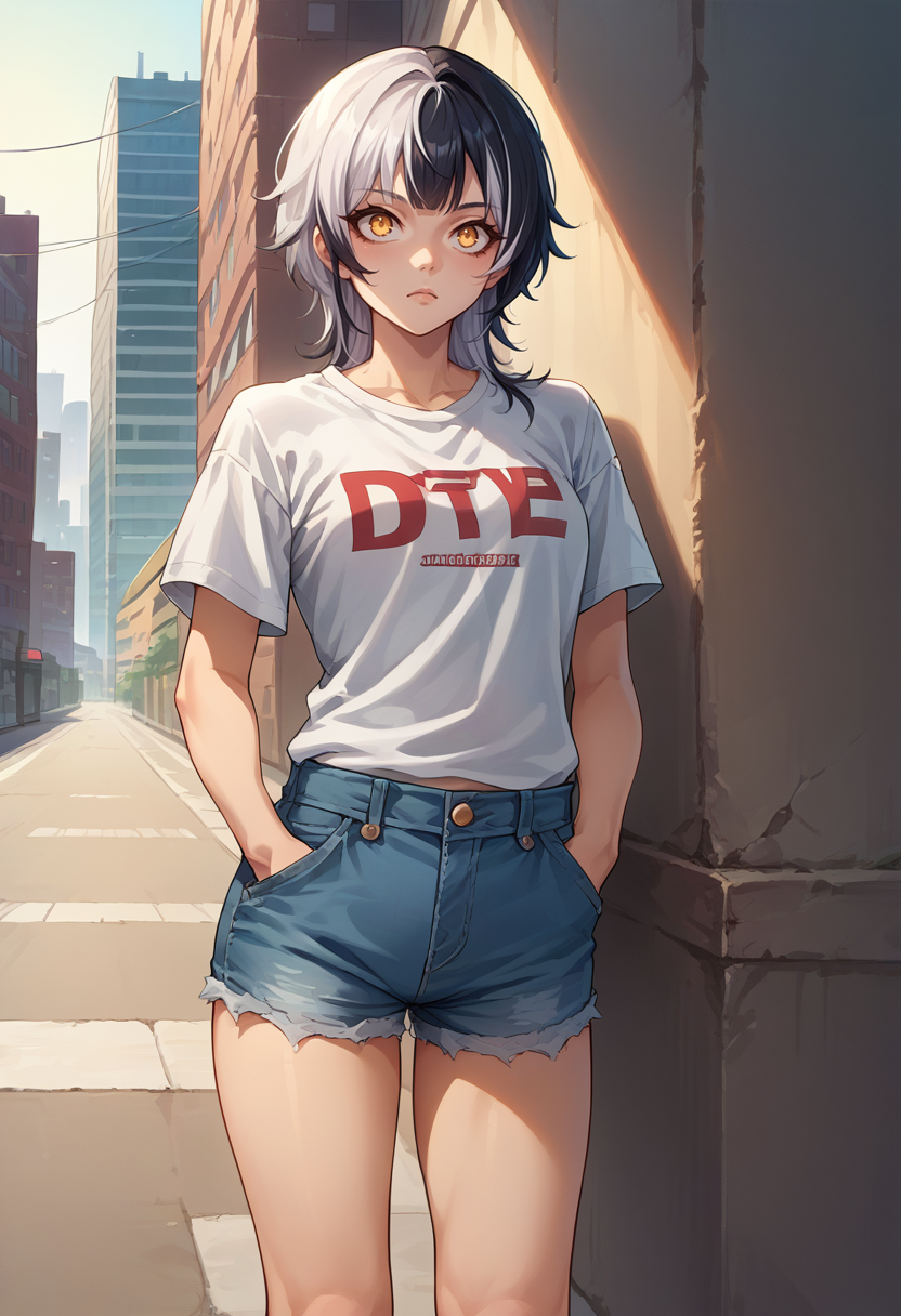 score_9, score_8_up, score_7_up, source_anime, 1girl, solo, ShioriNovella, split-color hair, white hair, black hair, yellow eyes, t-shirt, denim shorts, standing, outdoors, city, hands in pockets, <lora:ChamShioriNovella:1>