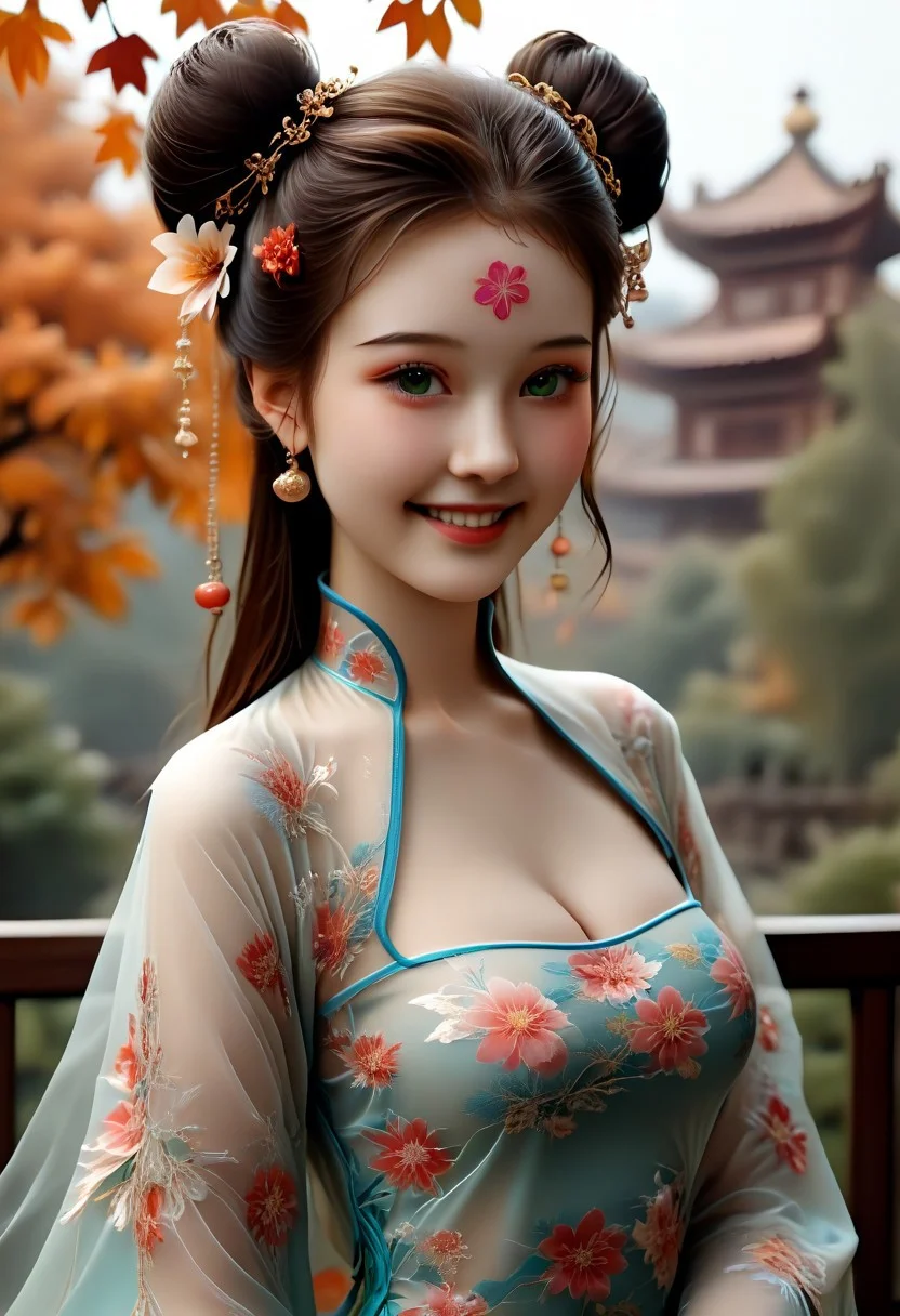 epiCRealism, UHD, 8K, masterpiece, hyperrealistic, realistic, photography, (photorealistic:1.3), realistic skin texture, ray traced, A hyper realistic ultra detailed, ultrarealistic,cute,petite body,perky boobs,slender,innocence, slender_waist,love,tightly cropped composition,detailed and intricate environment, a beautiful and youthful Chinese model, 19 years old, long eyelashes, grin, cleavage, large breasts, floral embroidery pattern wide sleeves, see through chiffon hanfu, moist eyes, hourglass figure, fair skin, hair ornament, hair flower, updo, double bun, absurdly long hair, wavy hair, forehead mark, ((Chinese girl)), slender body, perfect face, exquisite eyes, luscious lips, green eyes, long curly auburn hair, wearing an intricately embroidered vintage Chinese dress in deep burgundy hues,golden hour, setting sun, autumn leaves, high cheekbones, (an expansive field of wildflowers in vibrant purples, pinks, and yellows, stretching towards a distant mountain range silhouetted against the colorful sky background),