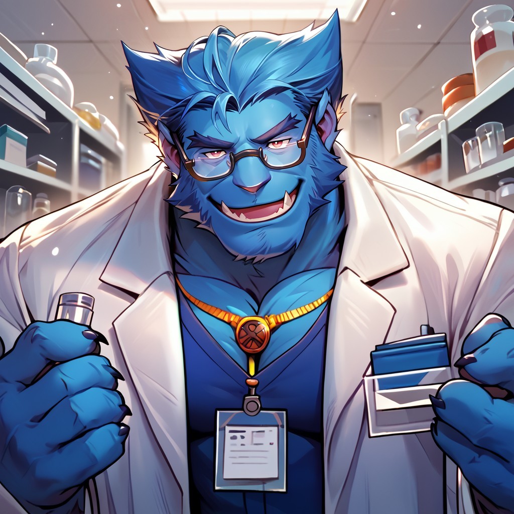score_9, score_8_up, score_7_up,   <lora:Beast_X-men:1.0> XBeast, solo, bara, blue fur, blue hair, glasses, lab coat, smile