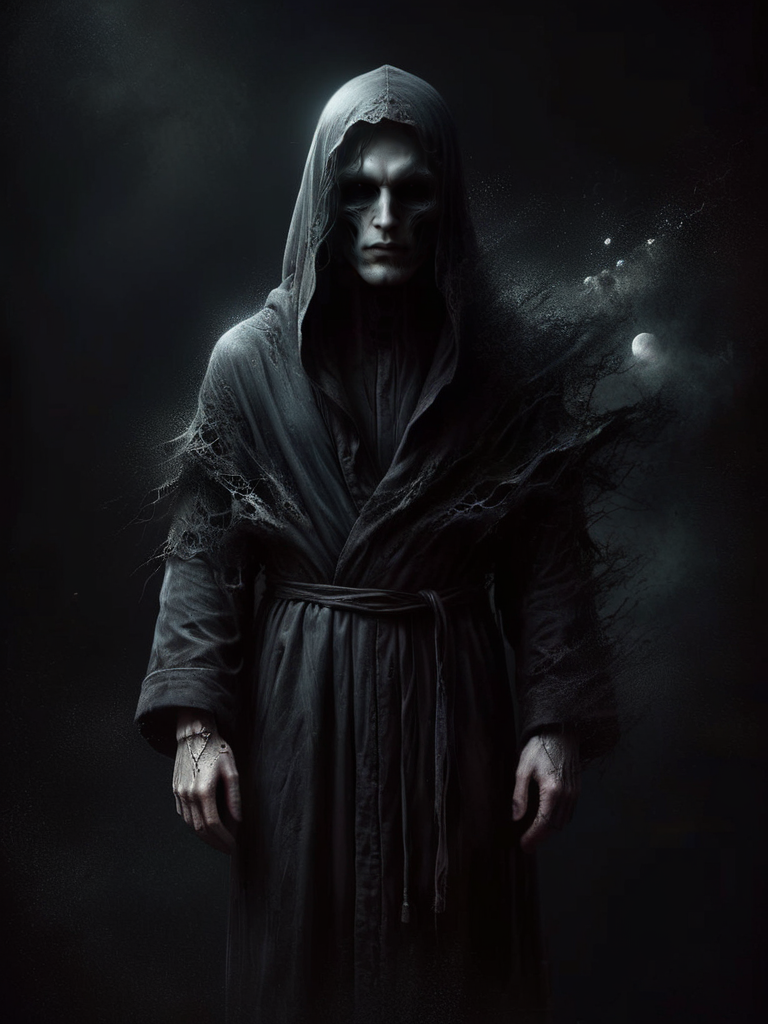 Man in black robe standing in darkness, album cover, by Balázs Diószegi, tumblr, horror gothic art, veil, moonless night, darkness, dark and muted colors, caretaker, faceless, dark background <lora:ral-dissolve:1> ral-dissolve