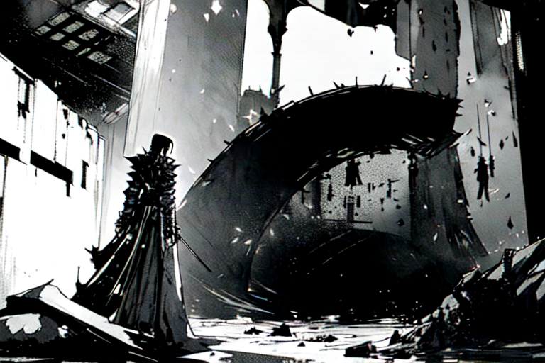 highly insanely detailed, masterpiece, top quality, best quality, highres, 4k, 8k, RAW photo, (very aesthetic, beautiful and aesthetic),  
tsutomu nihei,nihei_tsutomu,blame!,blame gakuen!,abara,TNstyle,sidonia_no_kishi,(tower,megastructure in background,deep horizon,mausoleum,giant room,lab,sidonia \(ship\),tunnel,hangar,space,spacecraft,city ruins,stairs),drainpipe,light particles,empty,dark background,cyberpunk,science fiction,flock,open space,decrepit,blm,dystopia,destroyed, 
<lora:ABARA:1>, 
(1girl:1.3), 
solo focus, 
shadowy mauve background,âââ