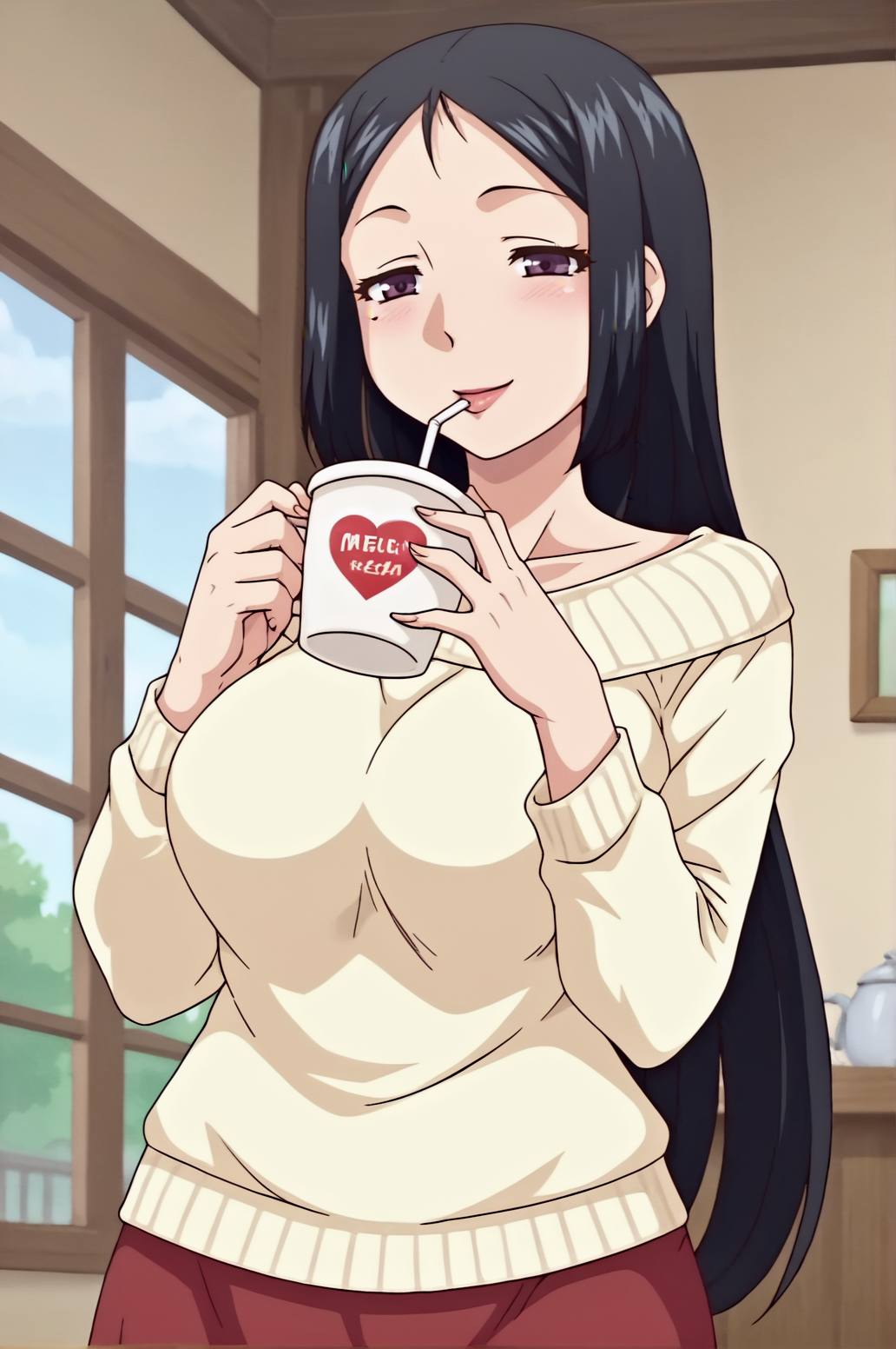 score_9, score_8_up, score_7_up,anime_source, source_anime, best background, detailed background, anime screencap,  Mizuho, sweater, long skirt, horny, naughty face, dynamic angle, dynamic camera, cup, drinking, indoors, solo, cowboy shot,  <lora:JN_Mizuho:0.8>