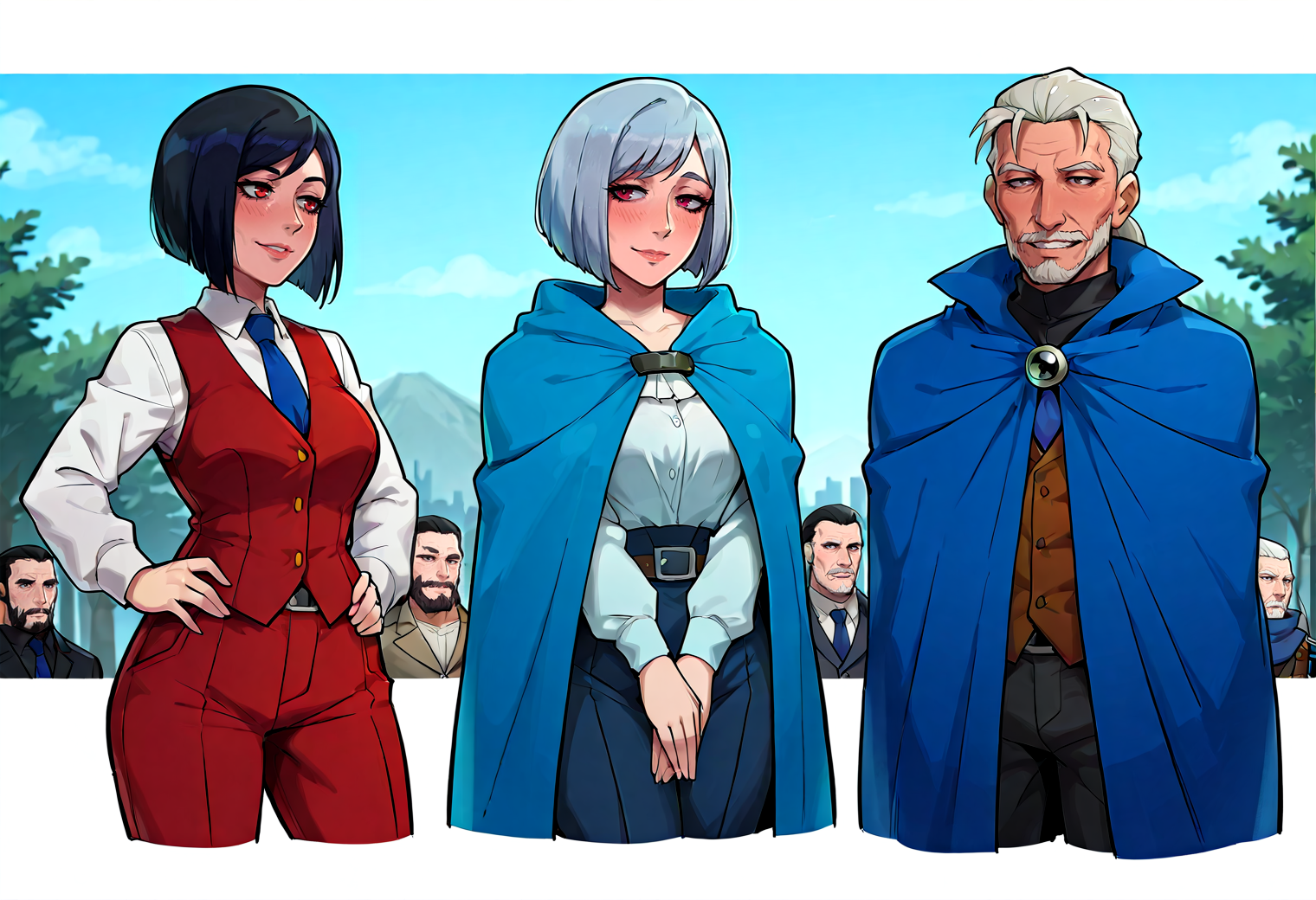 IllustriousQual, <lora:StS-Illustrious-Detail-Slider-v1.0:2> <lora:cfg_scale_boost:0.3> <lora:StS_Age_Slider_Illustrious_v1:3>,detailed_background,outdoors,cropped legs,inverted bob,blue necktie,blue cloak,red eyes,orange eyes,necktie,takamine kiyomaro,bob cut,2girls,white shirt,multiple boys,smile,short hair,vest,shirt,long sleeves,bestfriendforever,black hair,kurokawa akane,konjiki no gash!! 2,long hair,blue hair,cloak,4boys,konjiki no gash!!,ss un17,brown pants,closed eyes