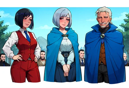 IllustriousQual, <lora:StS-Illustrious-Detail-Slider-v1.0:2> <lora:cfg_scale_boost:0.3> <lora:StS_Age_Slider_Illustrious_v1:3>,detailed_background,outdoors,cropped legs,inverted bob,blue necktie,blue cloak,red eyes,orange eyes,necktie,takamine kiyomaro,bob cut,2girls,white shirt,multiple boys,smile,short hair,vest,shirt,long sleeves,bestfriendforever,black hair,kurokawa akane,konjiki no gash!! 2,long hair,blue hair,cloak,4boys,konjiki no gash!!,ss un17,brown pants,closed eyes