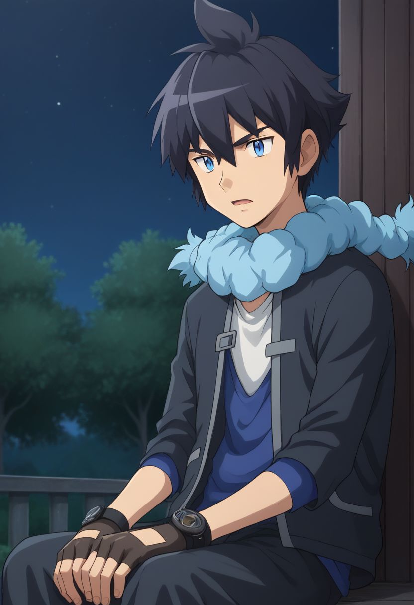 score_9, score_8_up, score_7_up, source_anime, highly detailed, 1boy, solo, male_focused, skinny, slender, 
1boy, male focus, gloves, scarf, blue eyes, solo, fingerless gloves, black hair, open mouth, sit, expressionless, half body, closed mouth,
outoor, dark night, night, no lights, obscure,