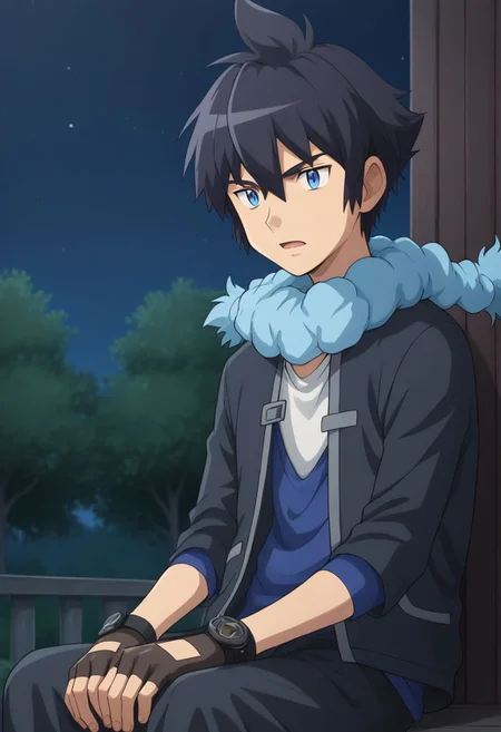 score_9, score_8_up, score_7_up, source_anime, highly detailed, 1boy, solo, male_focused, skinny, slender,
1boy, male focus, gloves, scarf, blue eyes, solo, fingerless gloves, black hair, open mouth, sit, expressionless, half body, closed mouth,
outoor, dark night, night, no lights, obscure,