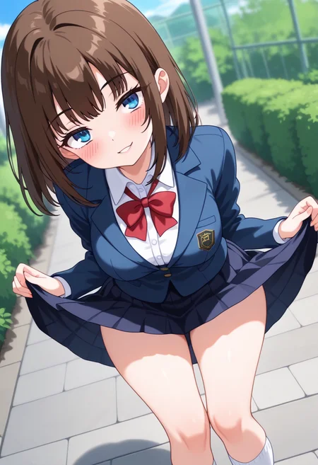 masterpiece, best quality, amazing quality, absurdres, 1girl, solo, tsubakiww, blue eyes, brown hair, medium hair, medium breasts, school uniform, blazer, collared shirt, pleated skirt, thighs, white socks, <lora:Rurikawa_Tsubaki_Maid_Kyouiku_ill:0.8>, dutch angle, curtsey, arms at side, lifting own clothes, clothes hold, head tilt, leaning forward, looking at viewer, seductive smile, blush, outdoors, skindentation, detailed clothing folds, depth of field, sharp, high contrast, dynamic light