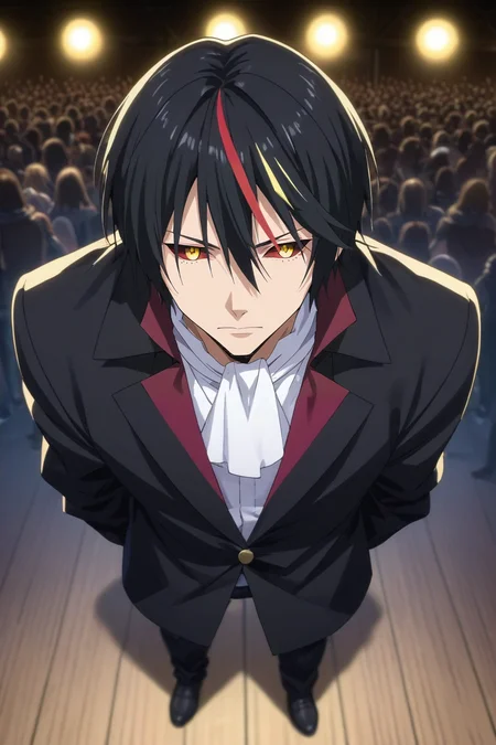 score_9, score_8_up, score_7_up, source_anime, rating_safe, , semi-realistic, , depth of field, 1boy, solo, male focus, <lora:diablo_tensura_pony:0.8>, diablo_tensura, black hair, yellow eyes, multicolored hair, streaked hair, red hair, hair between eyes, colored sclera, from above, full body, concert, stage, stage lights, idol, night, crescent moon, slouching, nervous, , <lora:sdxl_lightning_8step_lora:1>