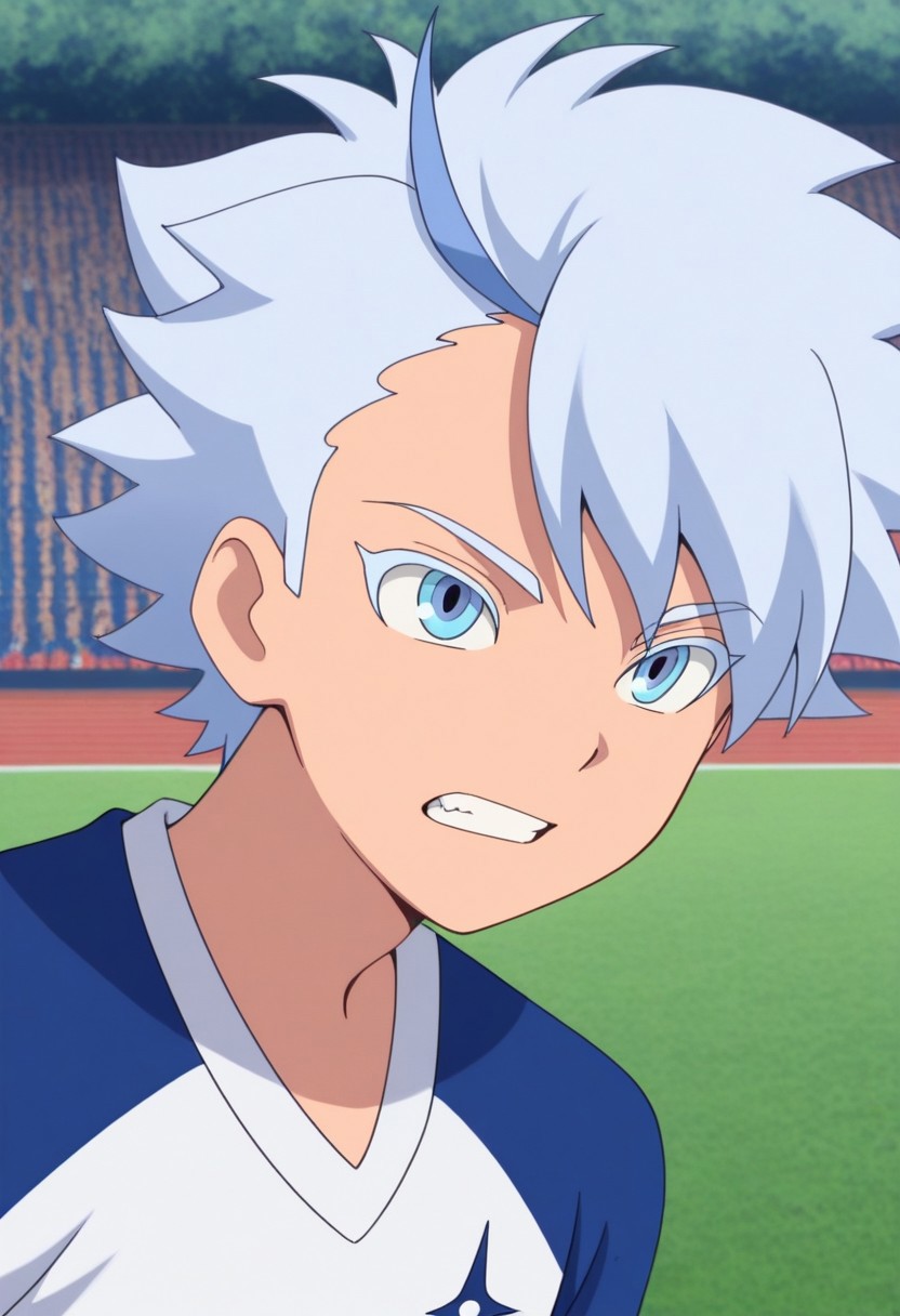 masterpiece,best quality,amazing quality, source_anime,
FroyGirikanan, 
1boy, male focus, solo, blue eyes, multicolored hair, grey hair, blue hair, supaku soccer uniform, shirt, raglan sleeves, short sleeves, multicolored shirt, blue and white shirt, teeth, portrait,
outdoor,