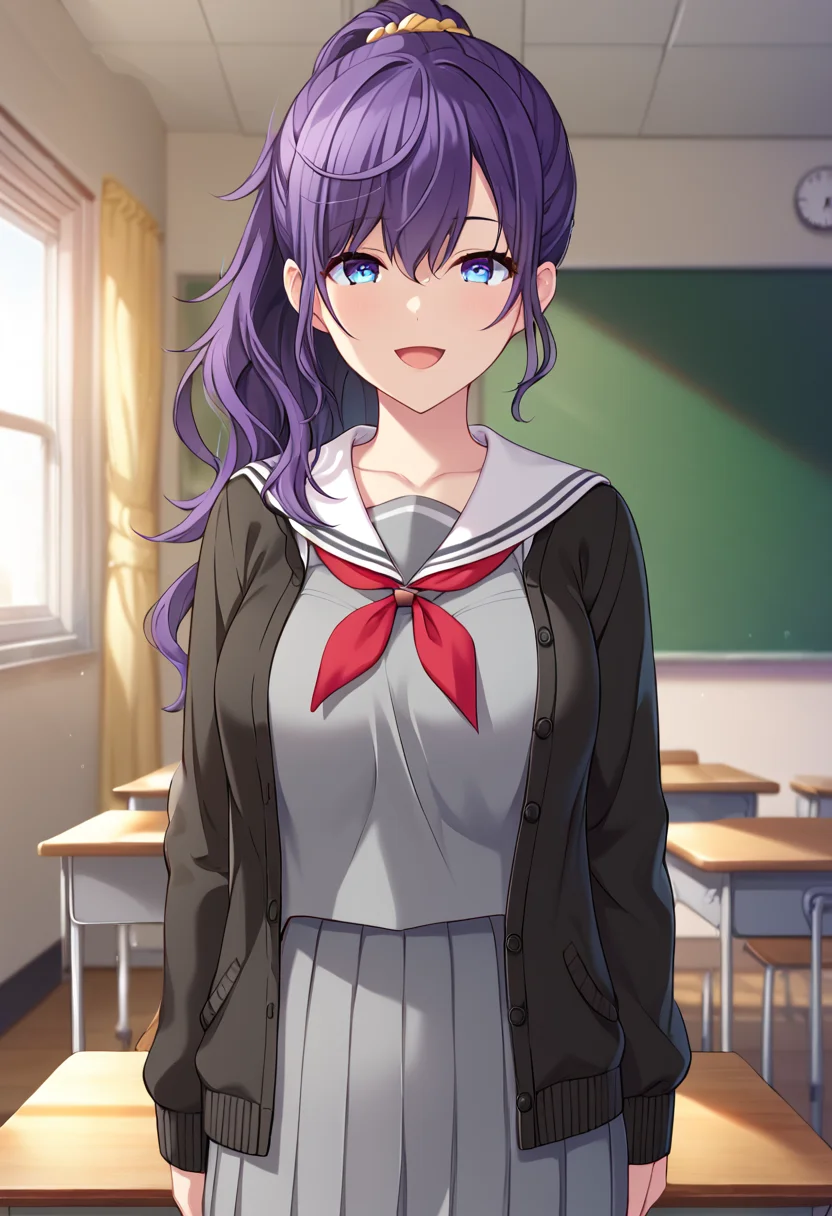 asahina_mafuyu, purple hair, purple eyes, blue eyes, gradient eyes, mossy ponytail, long hair, breasts, official art, school uniform, pleated skirt, large breasts, black cardigan, grey shirt, open cardigan, black pantyhose, sailor collar, serafuku, open clothes, grey skirt, blue eyes, pleated skirt, white sailor collar, red neckerchief, BREAK indoors, classroom BREAK looking at viewer, sexy face, sexy smile, open mouth, cowboy shot BREAK score_9, score_8_up, score_7_up, source_anime ,zPDXL, perfect hand,<lora:Asahina_Mafuyu:0.8>,