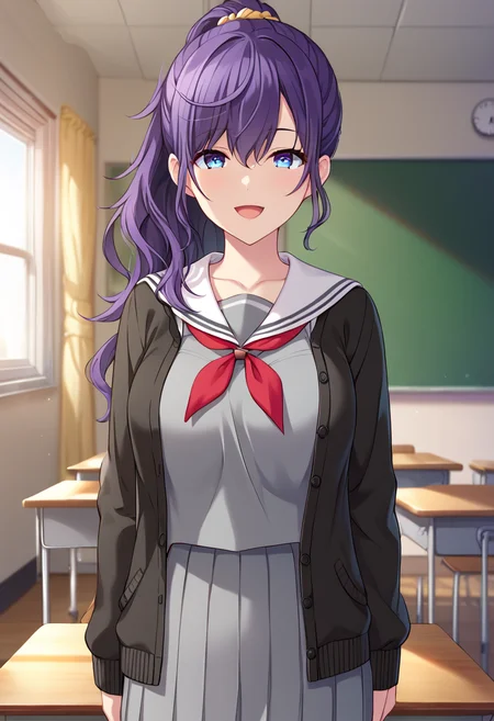 asahina_mafuyu, purple hair, purple eyes, blue eyes, gradient eyes, mossy ponytail, long hair, breasts, official art, school uniform, pleated skirt, large breasts, black cardigan, grey shirt, open cardigan, black pantyhose, sailor collar, serafuku, open clothes, grey skirt, blue eyes, pleated skirt, white sailor collar, red neckerchief, BREAK indoors, classroom BREAK looking at viewer, sexy face, sexy smile, open mouth, cowboy shot BREAK score_9, score_8_up, score_7_up, source_anime ,zPDXL, perfect hand,<lora:Asahina_Mafuyu:0.8>,