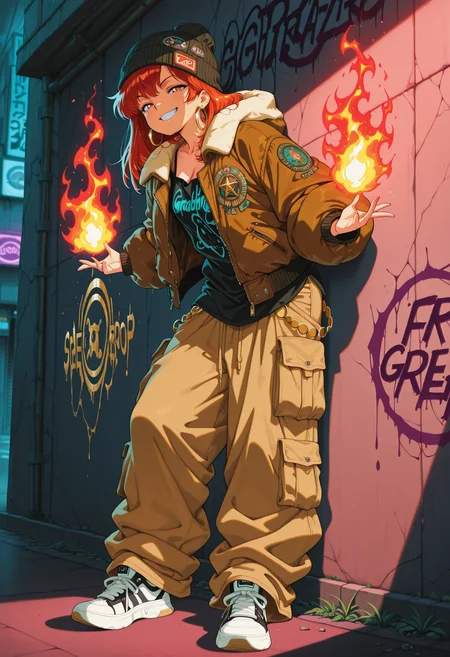 masterpiece,best quality,amazing quality,absurdres, modernretroanime, 1girl, solo, oversized bomber jacket, loose cargo pants, high-top sneakers, beanie hat, gold hoop earrings, relaxed pose, leaning against a graffiti wall, playful grin, street aesthetic, hip-hop fashion, confident energy, fire magic, flames,