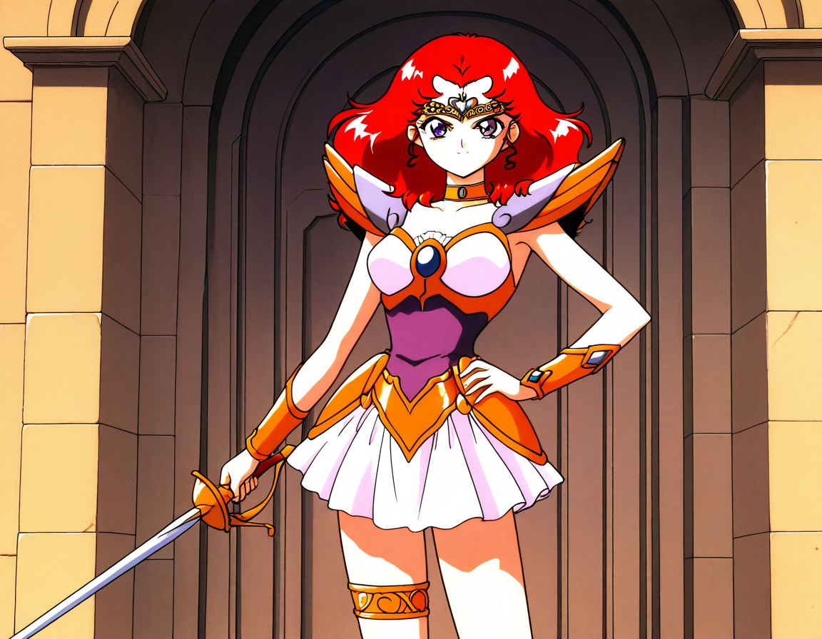 general,highres, ultra-detailed,very aesthetic,best quality ,best hands,  BREAK <lora:Scarlett_ohara_IS:1> Scarlett_ohara, 1girl,solo, red hair, long hair, purple eyes, breasts, 1990s (style), anime coloring, 
 choker, armor, 1990s (style), skirt, hand on hip, smile, tiara, jewelry, magical girl, thighlet, white skirt, miniskirt, thigh strap, armored dress, bracer, shoulder armor, blue eyes, looking at viewer, short hair, pauldrons, 
hold, sword, rapier, serious face, fighting pause,
day, say,