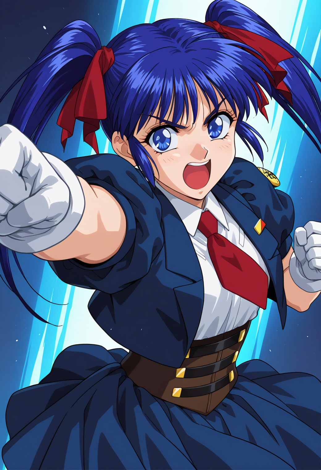 masterpiece, best quality, very aesthetic, absurdres, 1girl, solo, 1990s \(style\),
<lora:mio_sasuga_v01:0.9>, mio_sasuga, blue hair, long hair, twintails, blue eyes,
hair ribbon, uniform, short sleeves, juliet sleeves, red necktie, corset, white gloves, skirt, v-shaped eyebrows, open mouth, punching, outstretched arm, clenched hands