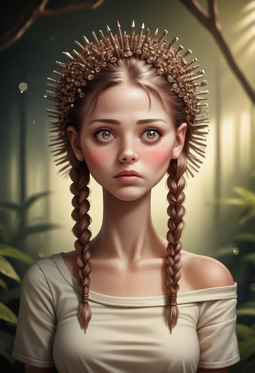 score_9, score_8_up, score_7_up, score_6_up, score_5_up, score_4_up, 1girl, blushing profusely red, 1girl,mysterious girl with freckles,an exotic Polinesian girl in off-shoulder shirt, Hairs in two fastenerswm braids, fading backlit background,pastel colors,surreal,  detailed, bokeh, perfect balanced, deep fine borders,artistic photorealism, smooth, whole body view, jungle background, temple, hair made out of fasteners, fastenerswm
