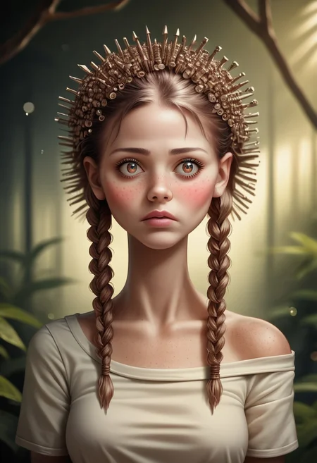 score_9, score_8_up, score_7_up, score_6_up, score_5_up, score_4_up, 1girl, blushing profusely red, 1girl,mysterious girl with freckles,an exotic Polinesian girl in off-shoulder shirt, Hairs in two fastenerswm braids, fading backlit background,pastel colors,surreal, detailed, bokeh, perfect balanced, deep fine borders,artistic photorealism, smooth, whole body view, jungle background, temple, hair made out of fasteners, fastenerswm