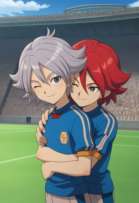 score_9, score_8_up, score_7_up, source_anime, highly detailed, skinny, slender, 2boys,
hiroto2, 1boy, soccer uniform, sportswear, red hair, upper body, tracksuit, smile, BREAK
fubuki2, 1boy, soccer uniform, sportswear, smile, raimon soccer uniform, raimon, grey hair,
standing, hug, hug from behind, smile, wink,
outdoor,