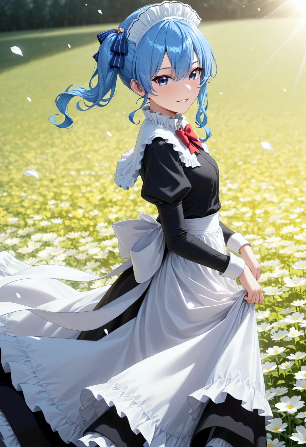solo, 1girl, <lora:Char_KomineSachi:1>, S4ciM4id, maid headdress, black shirt, frilled dress, frilled collar, capelet, red bowtie, juliet sleeves, long sleeves, maid apron, long dress, back bow,
wind, sunlight, flower field, from side, failling petals, hoshimachi suisei, one side up, side ponytail, blue hair, adjusting clothes, skirt lift, lifting own clothes, parted lips, smile, looking at viewer, very awa, masterpiece, best quality, highres, absurdres
