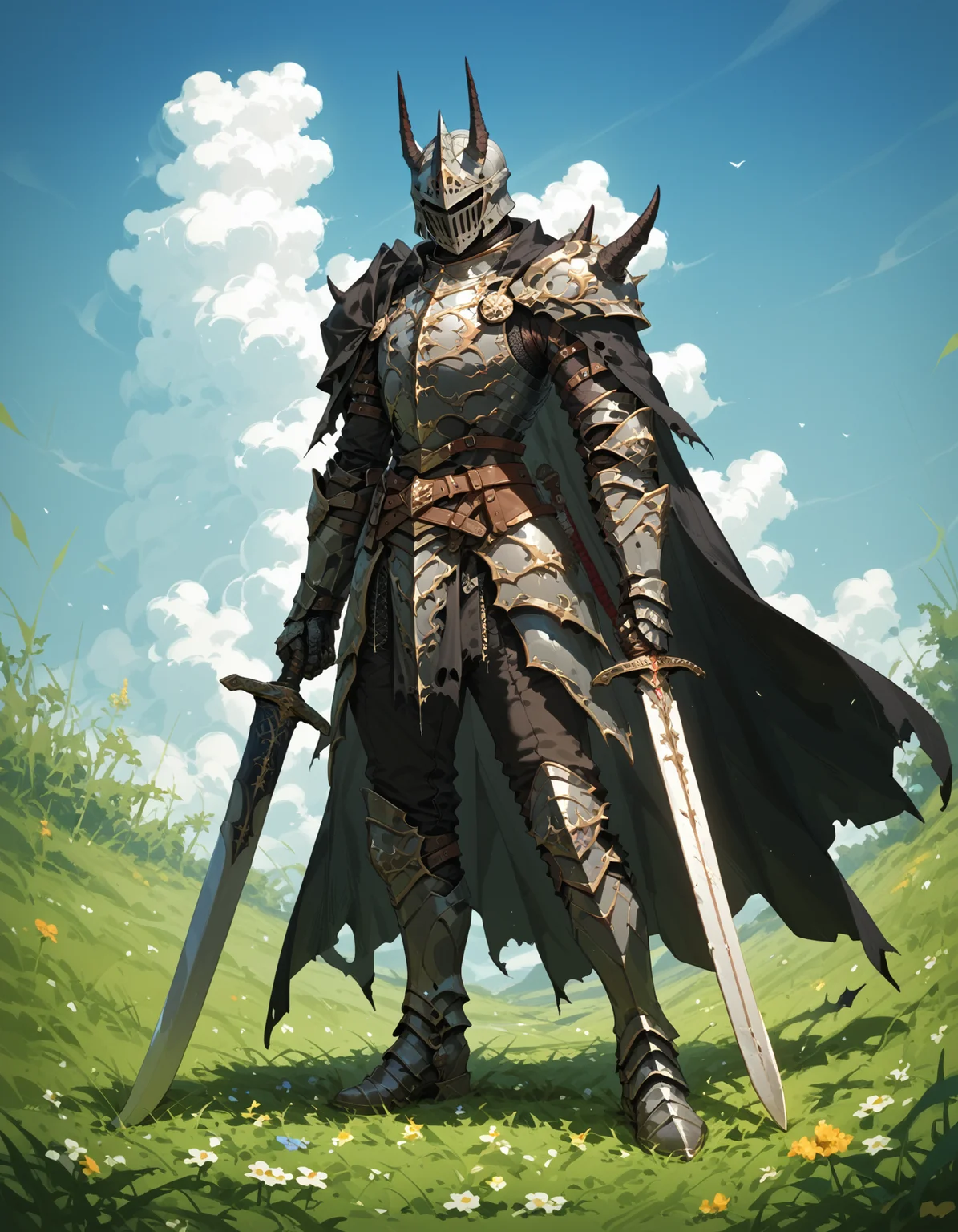 (score_9,score_8_up,score_7_up),glowing style,solo, gauntlets, standing, holding sword, full armor, outdoors, black cape, breastplate, planted sword, sky, torn cape, knight, full body, male focus, greaves, cloud, 1boy, pauldrons, horned helmet, 1other, plate armor, boots, grass, brown belt, day, ambiguous gender, flower,<lora:glowing_style_XL_16E_GPmixV_V1.7:1>