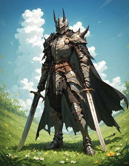 (score_9,score_8_up,score_7_up),glowing style,solo, gauntlets, standing, holding sword, full armor, outdoors, black cape, breastplate, planted sword, sky, torn cape, knight, full body, male focus, greaves, cloud, 1boy, pauldrons, horned helmet, 1other, plate armor, boots, grass, brown belt, day, ambiguous gender, flower,<lora:glowing_style_XL_16E_GPmixV_V1.7:1>