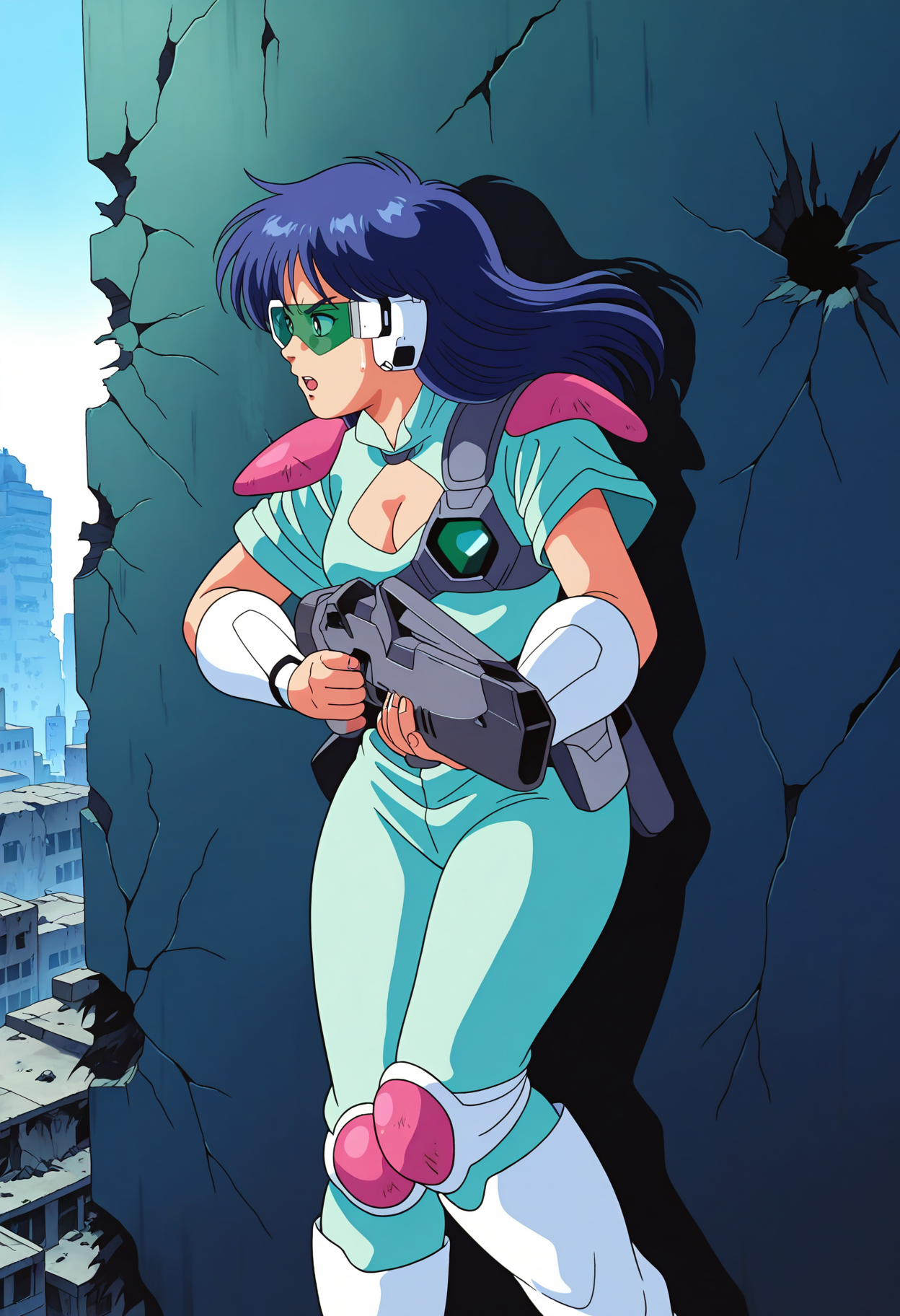 best hands, 5 fingers, perfect hand, <lora:ZILLION_Apple_IL1.6:0.9>
ZILLION_Apple, anime_style, 1girl, solo, blue long hair, sweatdrop, serious,  open mouth, medium breasts,
wearing futuristic headset and green scouter,
cleavage cutout, pink shoulder pads, Aqua Short Sleeve, Aqua Pants, futuristic chest protector (blue and white color scheme, armored design), belt, Pink Knee Pads, white Gauntlet, white boots, Holding Rifle,
outdoors, destroyed city, abandoned, behind a wall
