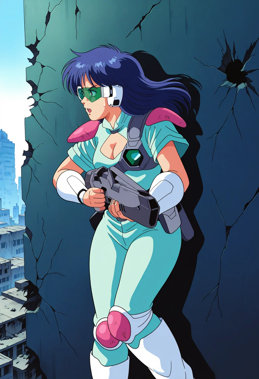 best hands, 5 fingers, perfect hand, <lora:ZILLION_Apple_IL1.6:0.9>
ZILLION_Apple, anime_style, 1girl, solo, blue long hair, sweatdrop, serious, open mouth, medium breasts,
wearing futuristic headset and green scouter,
cleavage cutout, pink shoulder pads, Aqua Short Sleeve, Aqua Pants, futuristic chest protector (blue and white color scheme, armored design), belt, Pink Knee Pads, white Gauntlet, white boots, Holding Rifle,
outdoors, destroyed city, abandoned, behind a wall