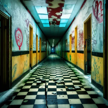 photo of a wall with a checkerboard floor, decay, peeling paint <lora:UrbanGraffiti:1.3>, UrbanGraffiti, cinematic light, (masterpiece:1.3), (intricate:1), best quality,