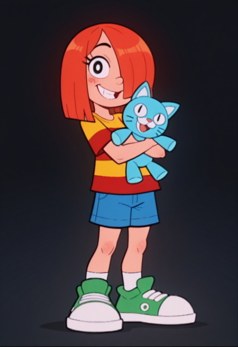 score_9, score_8, score_7_up, source_cartoon, orginal source, parody highres, absurdres, masterpiece, highly detailed, rating_safe, solo, BREAK,
WACGRANDD, 1girl, red hair, hair over one eye, orange hair, shirt, red shirt, yellow shirt, striped shirt, striped, blue shorts, green shoes, shorts, shoes, 
1girl, stuffed toy, stuffed animal, solo, smile, blush, open mouth, object hug, black background, upper body, looking at viewer, :d doll hug, holding stuffed toy, stuffed cat, teeth