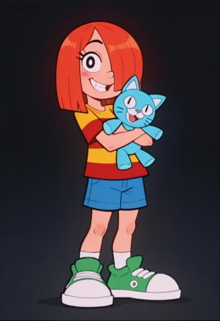 score_9, score_8, score_7_up, source_cartoon, orginal source, parody highres, absurdres, masterpiece, highly detailed, rating_safe, solo, BREAK,
WACGRANDD, 1girl, red hair, hair over one eye, orange hair, shirt, red shirt, yellow shirt, striped shirt, striped, blue shorts, green shoes, shorts, shoes,
1girl, stuffed toy, stuffed animal, solo, smile, blush, open mouth, object hug, black background, upper body, looking at viewer, :d doll hug, holding stuffed toy, stuffed cat, teeth