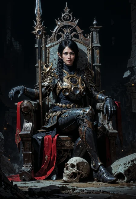 ShadowDJ, cinematic photo. Image is a digital painting featuring a fantasy-themed scene. The layout is vertical, focusing on a central female figure seated on a large, ornate stone throne. The woman has fair skin and long, dark hair styled in a thick braid adorned with a silver, flame-shaped hair accessory. She wears a dark armor with intricate silver and gold detailing. Her expression is confident and relaxed, with a slight smirk. A large spear rests across her lap, its blade extending diagonally across the image. The background is dark, enhancing the dramatic lighting on the subject. A red cloth drapes over the arm of the throne, and a skull with a gas mask-like appearance is positioned in the foreground, adding to the fantasy and slightly dystopian atmosphere. 35mm photograph, film, bokeh, professional, 4k, highly detailed <lora:Anime v1.3:0.6> <lora:VividlySurreal:0.6> <lora:FLUX-daubrez-DB4RZ-v2:0.4> <lora:FluxMythP0rtr4itStyle:0.6> <lora:FluxShadowDJV1:1>