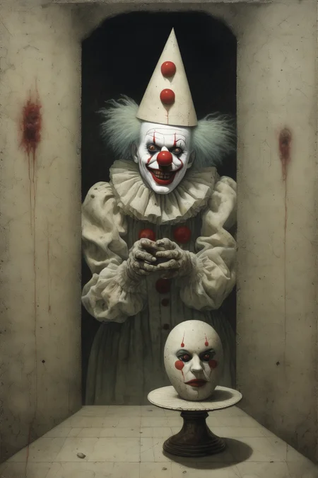 <lora:Santiago Caruso Style:1>Santiago Caruso Style - An evil clown staring at a menger sponge